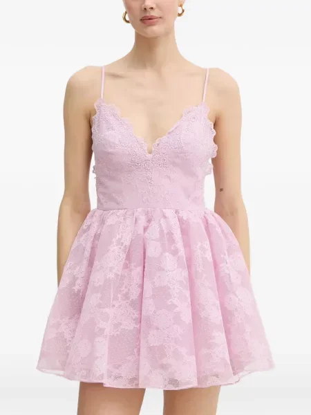 Rochie mini Bardot din dantelă evazată violet