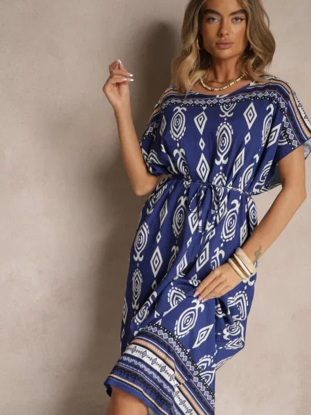 Sukienka o Pudełkowym Kroju w Etniczny Print Miriliana niebieska