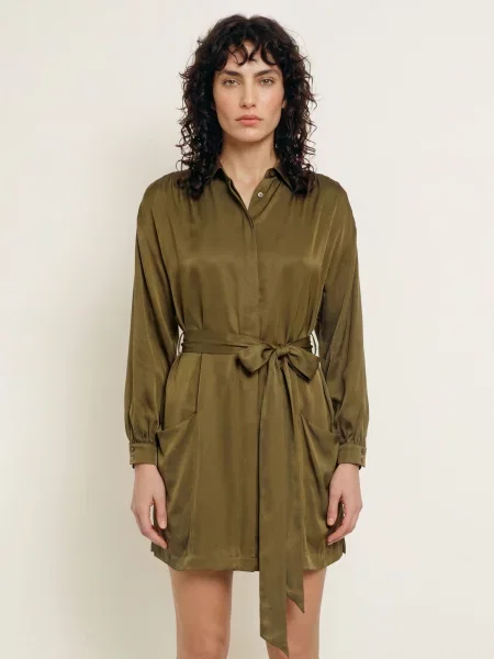 Allsaints Saténové Šaty Noora S Hedvábím khaki