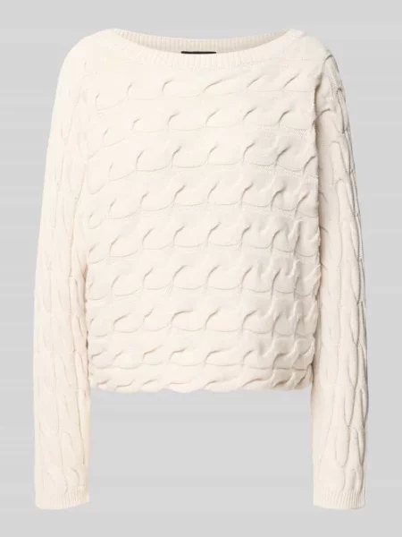 Sweter z dzianiny o kroju relaxed fit z mieszanki bawełny ze ściegiem warkoczowym Oui biały