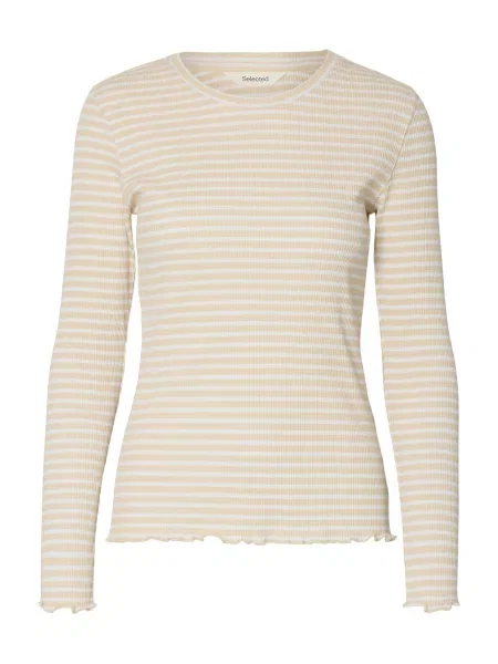 SELECTED Tričko SLFELLEN béžová bílá