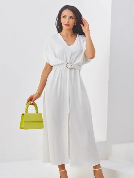 Rochie midi Resti cu decolteu în V cu mâneci scurte până la genunchi alb