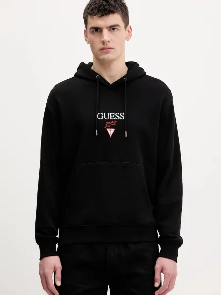 Bombažen pulover Guess Jeans s kapuco črna