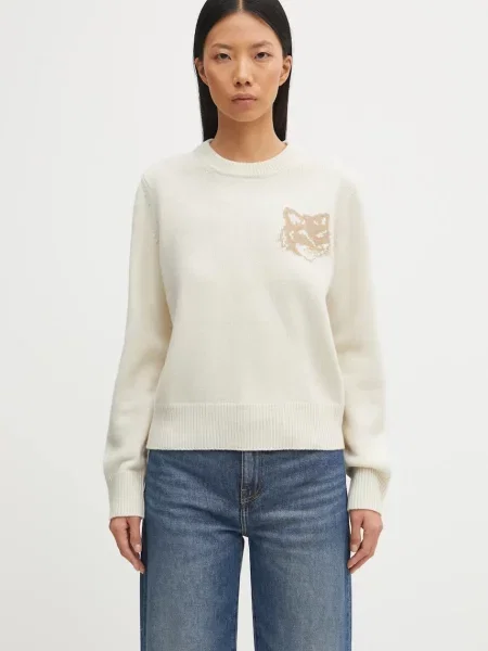 Maison Kitsuné pulover de lână Fox Head Intarsia Merino bej