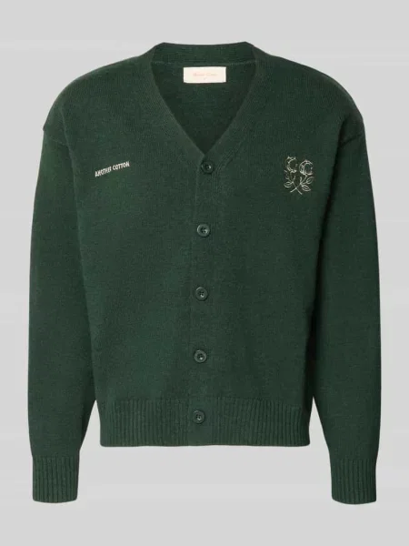 Kardigan z haftami z logo i dekolt w serek Another Cotton Lab zielony