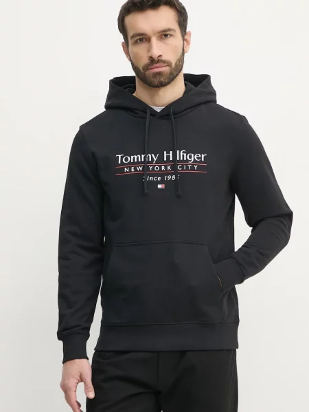 Bombažen pulover Tommy Hilfiger s kapuco črna