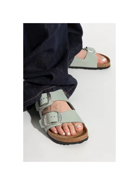 Klapki Birkenstock skórzane na sprzączkę zielone