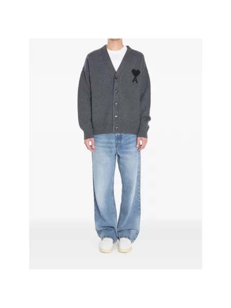 Sweter Ami Paris wełniany w serca szary