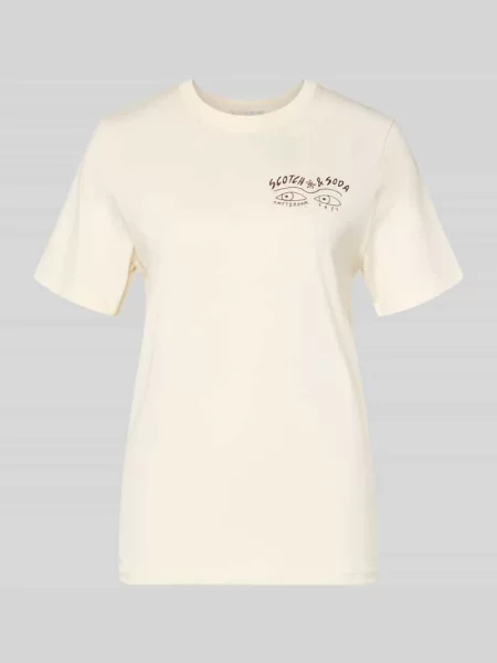 T-shirt z nadrukiem z logo i okrągłym dekoltem Scotch & Soda beżowa