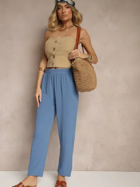 Spodnie z Bawełną o Szerokim Kroju High Waist Fanelithia niebieskie