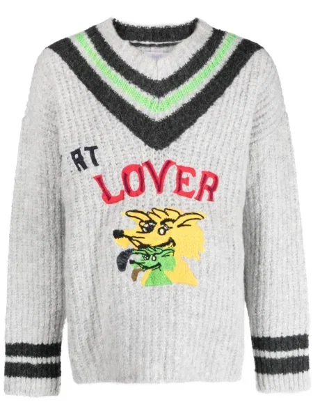 Svetr Erl s výšivkou s výstřihem do v šedý