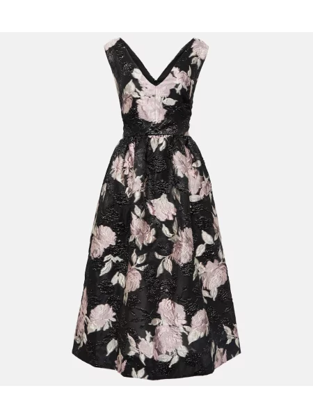 Midi obleka Monique Lhuillier s cvetličnim vzorcem iz žakarda črna