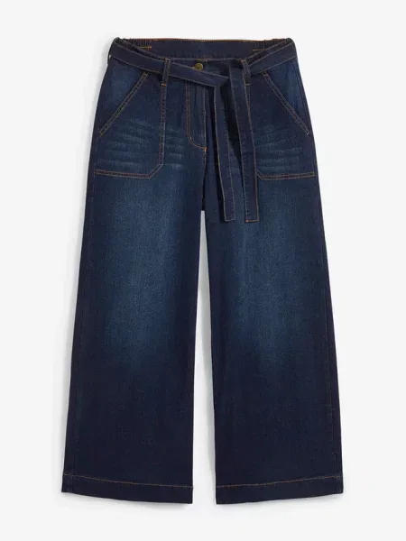 Jeansy wide leg high waist z wygodnym pasem cropped niebieskie