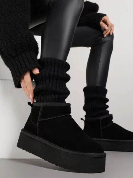 Cizme de zăpadă slip-on din piele întoarsă naturală cu talpă groasă Mevilira negre