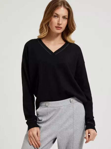 Pulover Moodo cu decolteu în V negru