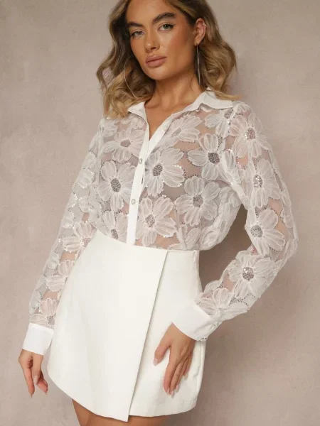 Bluză deschis transparentă cu imprimeu floral perle și paiete Raviolla bej