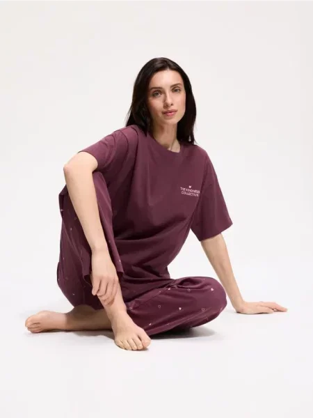 Reserved Pijama din două piese cu broderie și imprimeu violet-închis violet