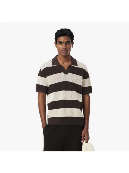Lacoste Sweter Z Kołnierzykiem Polo Z Krótkim Rękawem W Paski Classic Fit brązowy