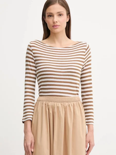 Блуза с дълги ръкави с лен United Colors of Benetton кафяво