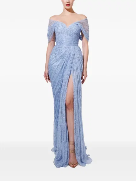Rochie maxi Iris Serban cu paiete drapată albastru