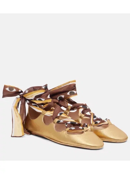 Balerini Farm Rio cu șireturi din piele auriu