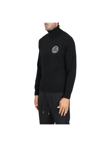 Sweter z golfem Versace Jeans Couture wełniany z logo czarny