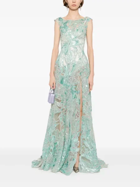 Rochie maxi Saiid Kobeisy cu broderie lungă de costum verde