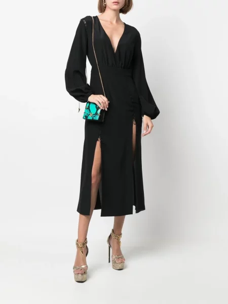 Hedvábné midi šaty Roberto Cavalli po kolena s rozparkem černé