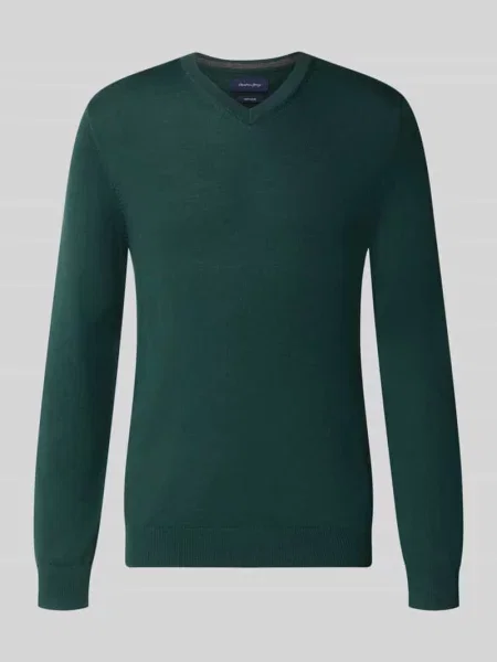 Sweter z dzianiny z mieszanki wełny z dekoltem w serek Christian Berg Men zielony
