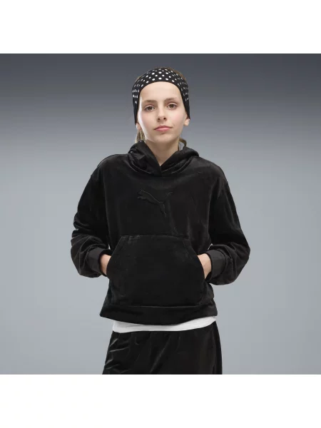 PUMA Młodzieżowa krótka welurowa bluza z kapturem Essentials Elevated o luźnym kroju Akcesoria czarny