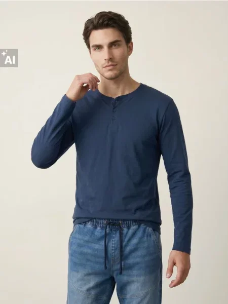 Sinsay tričko henley s dlouhým rukávem modrá