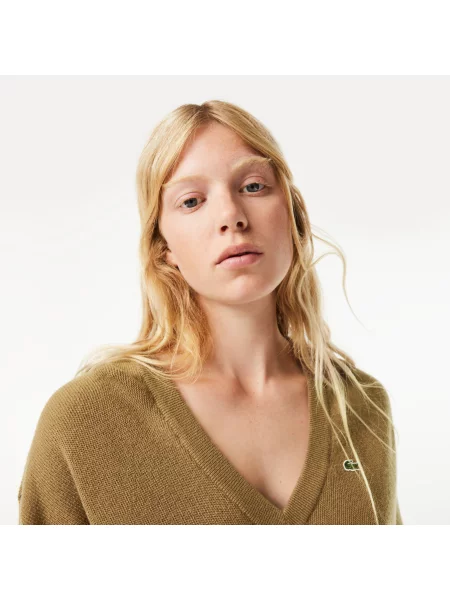 Lacoste Sweter Z Dekoltem W Serek Lacoste brązowy