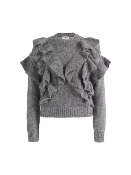 Dzianinowy sweter Elisabetta Franchi z falbankami szary