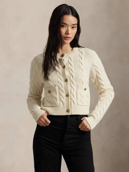 POLO RALPH LAUREN De lână cardigan Cable | Cropped Fit cu adaos de cașmir alb