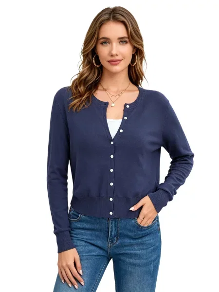 KoJooin Kardigan Damen-Strickjacke mit Rundhalsausschnitt langen Ärmeln und Knopfleiste tmavě modrá