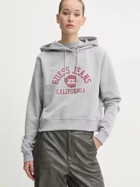 Guess Jeans bluza z kapturem z nadrukiem szary