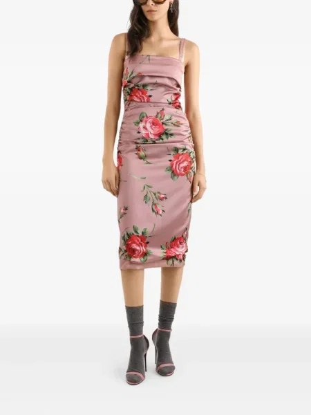 Gėlėta midi suknelė Dolce & Gabbana su raukiniais iki kelių rožinė