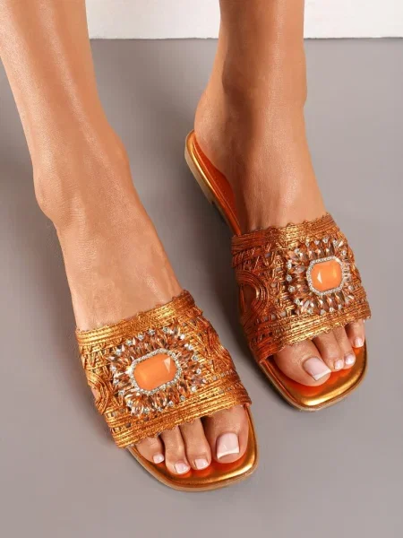 Papuci din Imitație de Piele cu Bareta Decorată cu Pietre Allmina portocalii