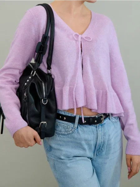 Кардиган з зав'язкою та декоративними воланами світло-ліловий