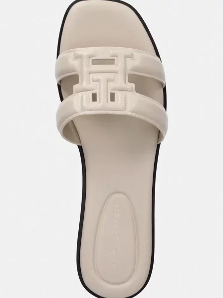 Tommy Hilfiger чехли с равна подметка дамски кожени TH LOGO STRAP MULE бежово