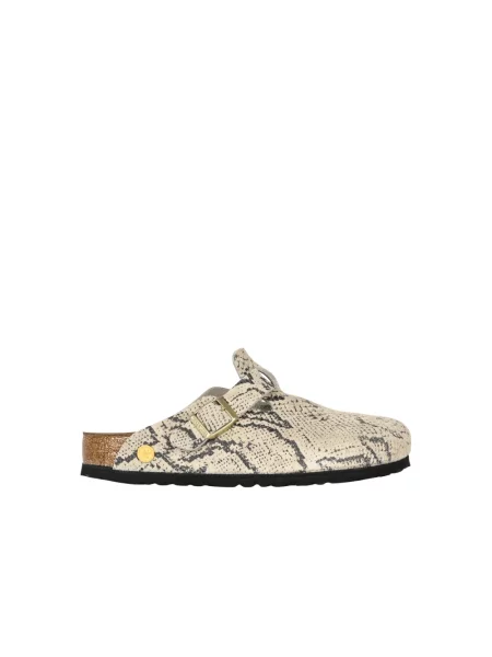 Klapki Birkenstock skórzane z nadrukiem beżowe