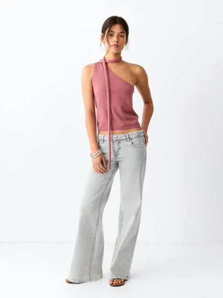 Jeansy wide leg z ćwiekami denim Teen 38 MANGO TEEN szary