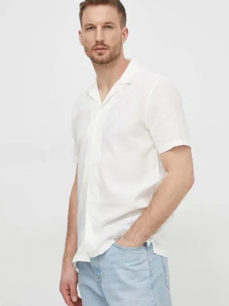 Ленена риза Lindbergh бежово със свободна кройка бяло