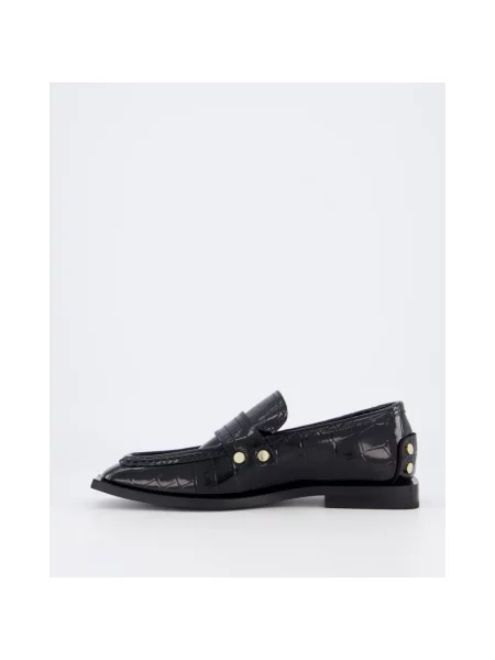 GANNI mokasyny Studs Square Toe Loafer Shiny Croco na płaskim czarny