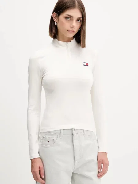 Блуза с дълги ръкави Tommy Jeans с ниско поло бежово