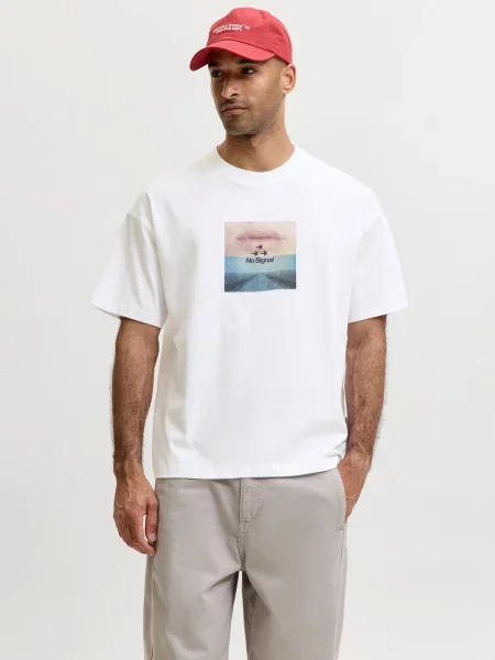 JACK & JONES Tricou JCOECHO kitt / albastru deschis / negru alb