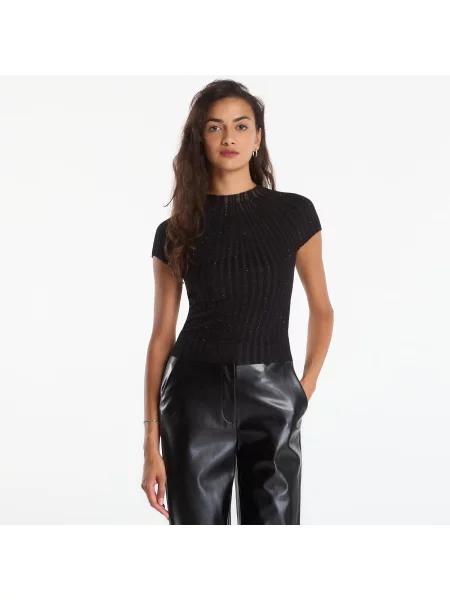 Tričko GUESS Ss Sheer Yoke Cn Perilla Ribbed Tee Jet Black/ Multi M černé