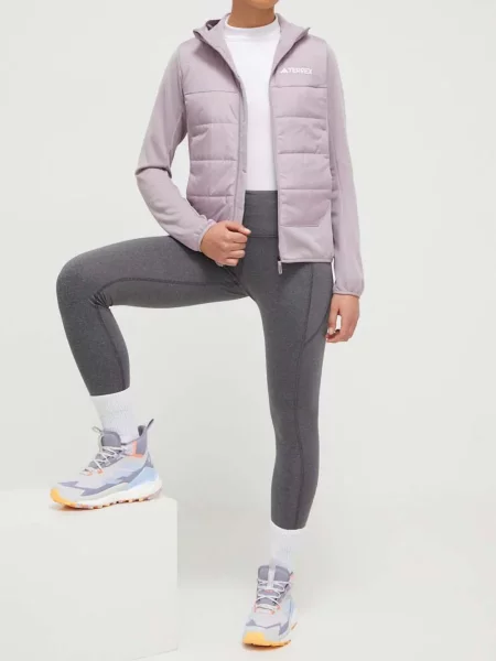 Geacă cu puf Adidas din piele de căprioară cu dungi cu glugă albastru
