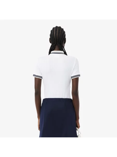 Lacoste Dopasowana Prążkowana Koszulka Polo Wyprodukowana We Francji biała