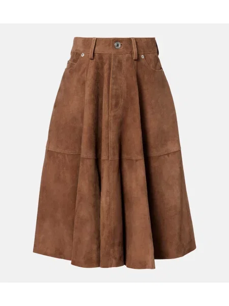 Fusta plisata Ami Paris din piele de căprioară plisată până la genunchi bej